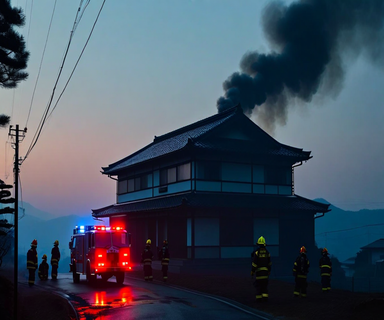 Silhouette of a residential house with emergency response lights and smoke against an early morning sky, depicting a fire incident scene in a respectful, non-graphic manner