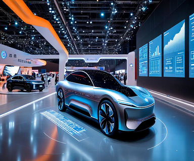 A dynamic automotive exhibition scene contrasting modern electric vehicles with advanced digital displays against traditional automotive elements, featuring data visualization elements representing market share transformation in the global EV industry