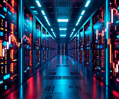 Split composition showing illuminated AI server infrastructure on one side and abstract financial market visualization with stock charts and currency symbols on the other, representing Chinese tech firms' equity fundraising for AI development