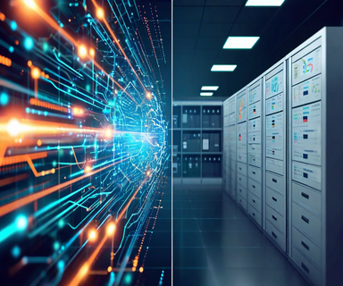 Split illustration contrasting fast-moving AI technology with neural networks and data streams on one side against traditional corporate reporting documents and filing systems on the other, representing the gap between AI deployment speed and reporting transparency