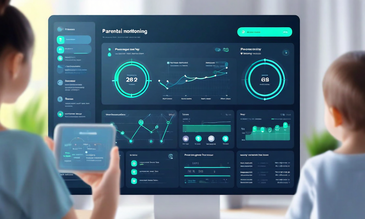 家庭内の透明性と親の監視メカニズムを表現したデジタルダッシュボード。親が子どもの活動を監視し、プラットフォームの制御を可視化し、例外や調整を行うための統合的なインターフェースを示している。複数のデバイスやプラットフォームが相互に接続され、リアルタイムのモニタリング、権限管理、カスタマイズ可能な設定パネルが表示されている。