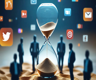 An hourglass with flowing sand representing a consultation timeline, surrounded by silhouettes of stakeholders including policymakers, young people, and technology platforms, symbolizing the regulatory process for social media age restrictions