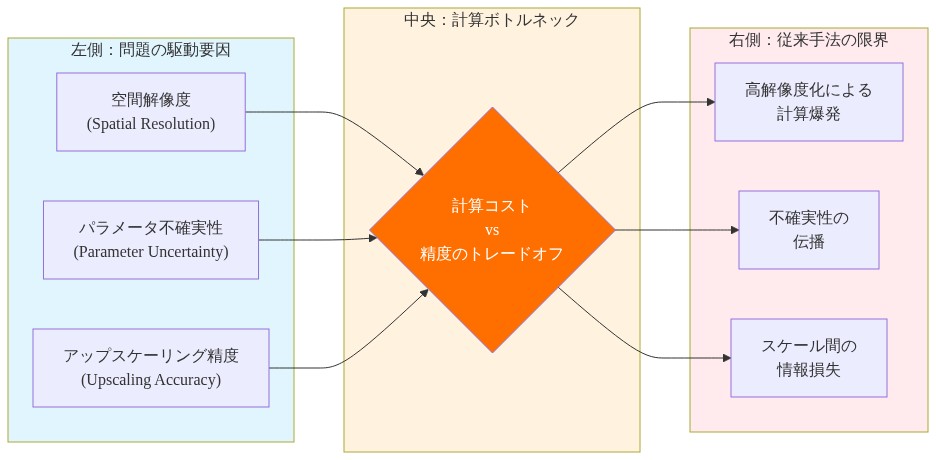 割れた岩盤シミュレーションにおける異質性問題の構造を示す図。左側に3つの駆動要因(空間解像度、パラメータ不確実性、アップスケーリング精度)を配置し、これらが中央の計算コストと精度のトレードオフというボトルネックに収束し、右側で従来のアップスケーリング手法の3つの限界(高解像度化による計算爆発、不確実性の伝播、スケール間の情報損失)として顕在化することを示している。