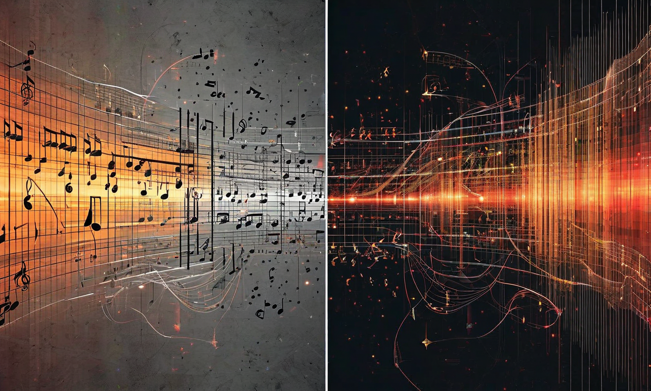 孤立した音楽分析と作曲推論の対比を示す画像。左側は分断された分析要素（和音認識、スケール分類、音楽記譜が個別に浮遊）をグレースケールで表現。右側は統合された多層的な音楽構造（声部独立性、リズム・メトリック配置、編成、様式的慣例が相互に接続）を温かみのある色彩と発光する接続線で表現。中央の分割線が分析的な断片化と作曲的統合の明確な対比を強調。