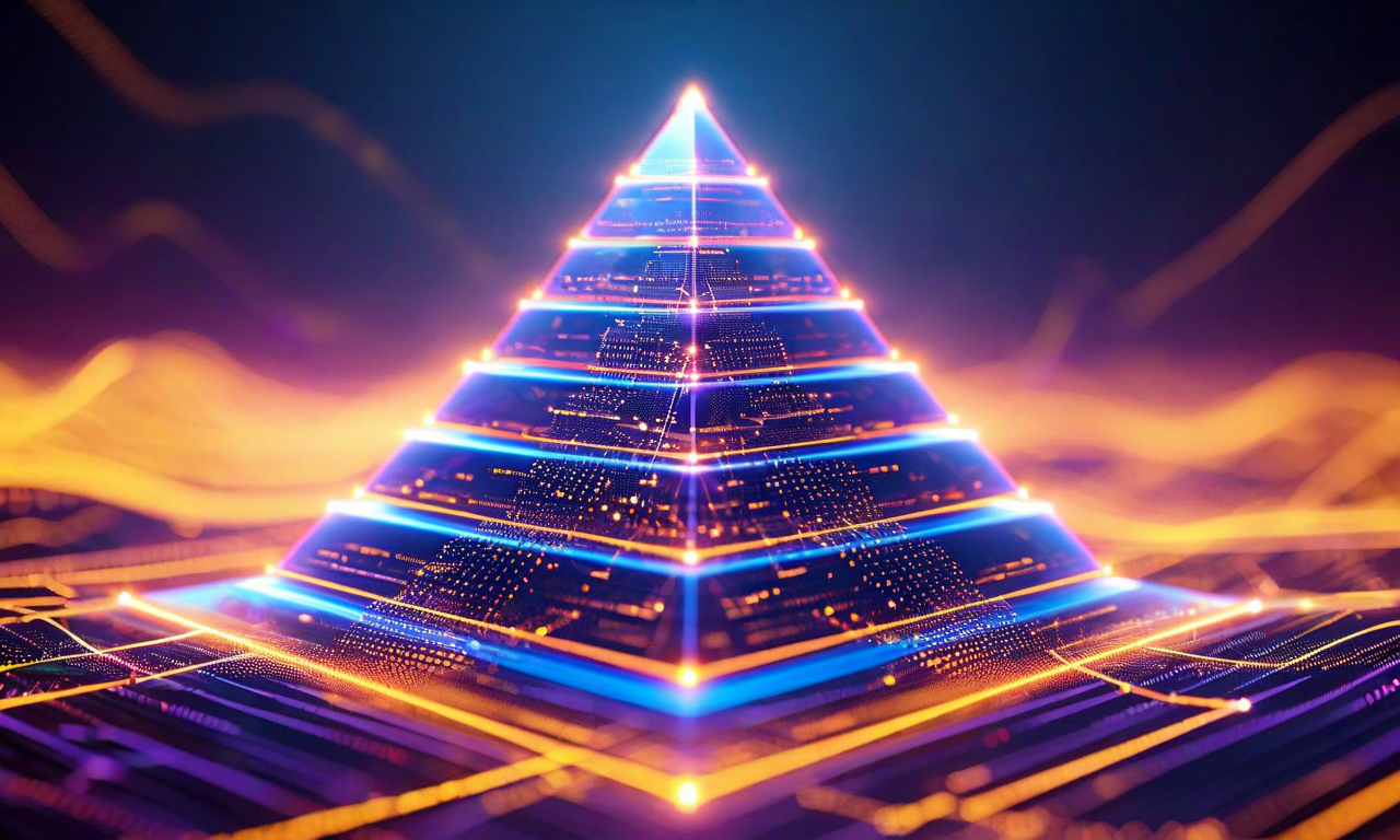 CSyMR-Benchの階層的データセット構造を表現した抽象的なピラミッド図。下層に基本的な音楽要素（ピッチ波形、リズムパターン、和声進行）が金色で表示され、中層に相互依存的な分析ノードが青紫色の接続線で結ばれ、上層に複合的な作曲推論タスクが幾何学的パターンで表現されている。各層は発光する分割線で区切られ、奥行きと進行感を演出している。