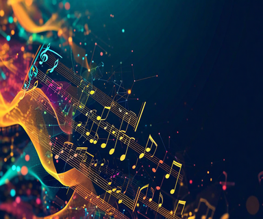 A modern digital illustration showing musical notation with chord symbols on the left blending into neural network visualization on the right, representing the integration of music theory and AI analysis in compositional reasoning