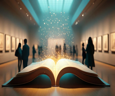 An artistic rendering of an open book with pages transforming into light and abstract shapes in a gallery setting, with silhouettes of people engaged in discussion in the background, representing literary curation and community engagement