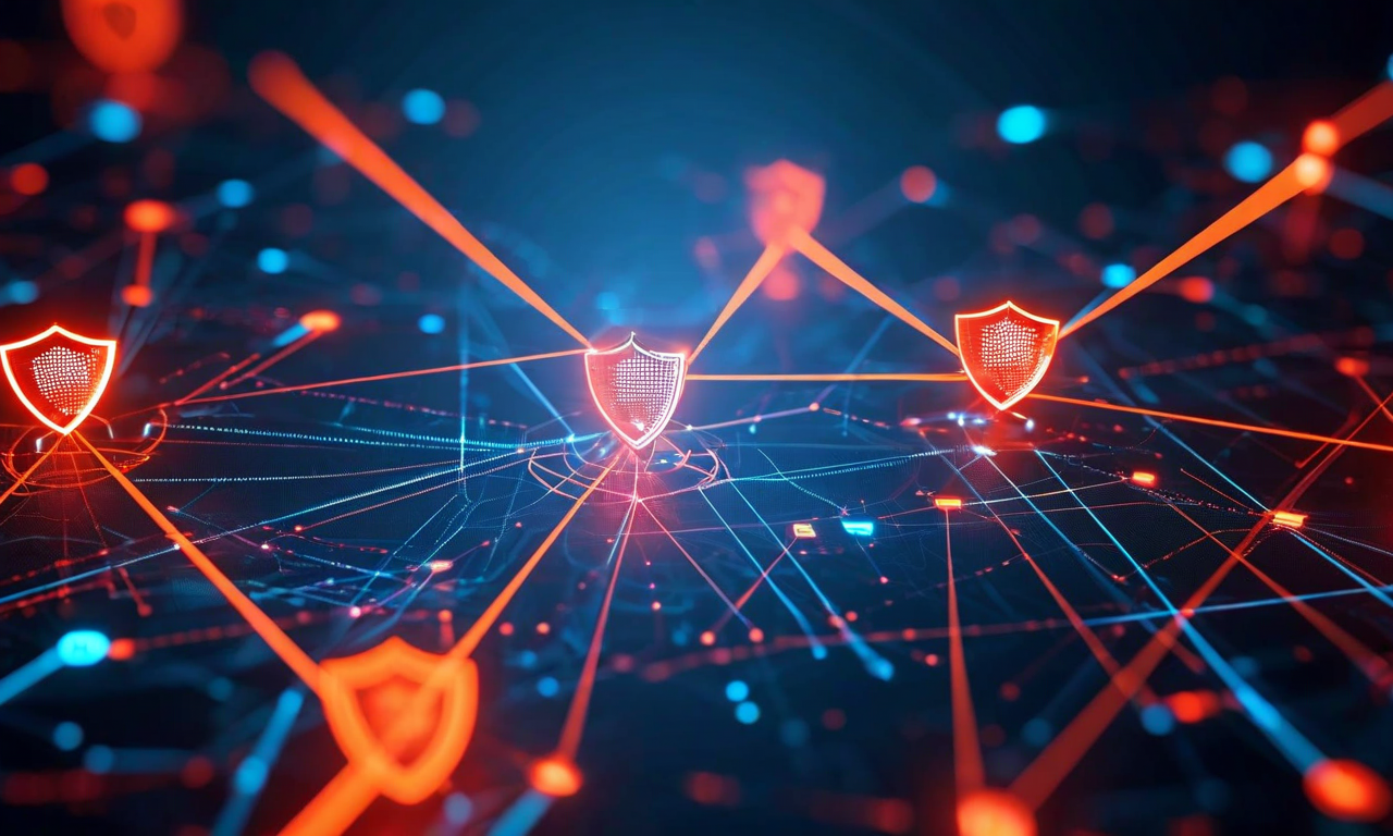 複数のリスク要因が相互に作用する概念図。不可逆的な忘却、推論能力の低下、運用複雑性の増加、セキュリティ脅威の4つのリスク要因がノードとして表現され、発光する線と矢印で相互の関連性が示されている。各ノードの周囲には緩和戦略を表すシールドが配置されており、リスク間の複雑な相互作用と保護措置の効果を視覚化している。