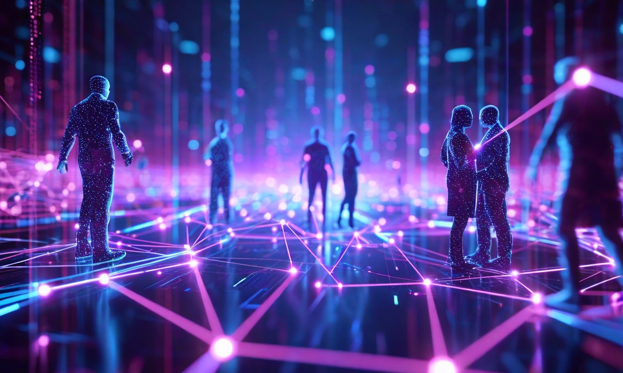 セマンティック知能の未来を表現した画像。離散的セマンティック状態を結晶状のノードとして表現し、ハミルトン動力学の経路を通じて流動する様子を示している。人間とAIが協働する未来的なデジタル環境で、解釈可能で効率的で堅牢なAIシステムへ収束する幾何学的構造と数学的軌跡が描かれている。