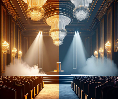 Split-screen image contrasting a luxurious conference hall with spotlit stage and ornate details on the left, dissolving into transparent wireframe outlines and empty space on the right, symbolizing the gap between high-profile announcements and substantive action