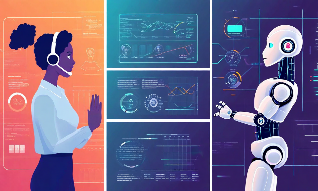 マルチモーダル感情認識システムの4つの実世界応用シーンを示す分割画面イラスト。左上はカスタマーサービスセンターで顔表情と音声トーンを分析するオペレーター、右上はメンタルヘルスケアセッション中に感情検出を支援するAIシステム、左下は教室で学生の感情状態を監視する教育環境、右下は人間とロボットの相互作用シーン。各シーンには感情検出インジケーターと視覚的なデータ分析要素が表示されている。