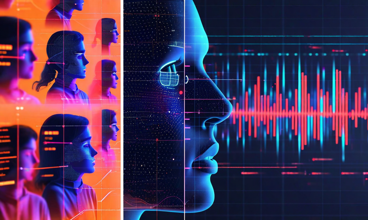 ロバストネステストの実世界シナリオを示す複合画像。背景ノイズ環境での複数話者、照明不足の条件下での顔認識、マスク着用者、および異なる文化的背景を持つ人物の多様な感情表現を視覚化。音声波形、照度インジケーター、顔認識の課題を示すデータビジュアライゼーション要素を含む。