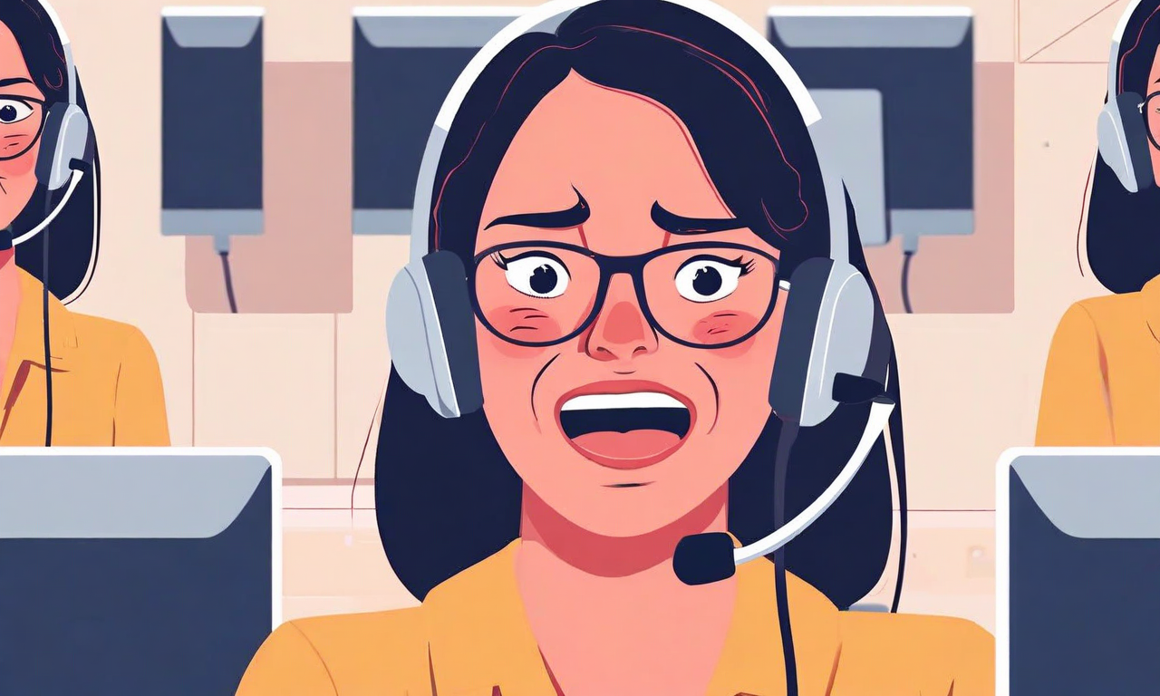 顧客サービス代表者が「喜んでお手伝いします」と言いながら、眉間の皺や目の周りの緊張した筋肉など、不安や不満を示す微表情を同時に表現している場面。言語メッセージと非言語信号の矛盾を視覚化した専門的なイラスト。