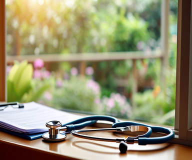 A stethoscope rests on a windowsill in soft natural light, with a peaceful garden view and comfortable room setting, symbolizing the intersection of medical expertise and dignified end-of-life care choices