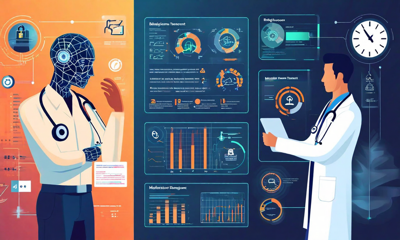 AI支援診断におけるリスクと緩和策を示す医療技術イラスト。左側に4つのリスク要因（誤診による遅延治療、患者の過度な不安、医師-患者関係の悪化、プライバシー侵害）を視覚化し、右側に対応する緩和策（医師の監督、情報セキュリティ、患者教育）を表現。リスク側は暖色系、緩和策側は冷色系で区別されている。