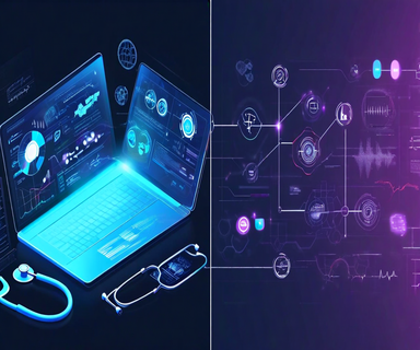 Split-screen image comparing traditional internet medical searches on a glowing screen with chaotic medical symbols on the left, transitioning to an organized AI-powered health interface with structured information on the right, representing the evolution from Dr. Google to ChatGPT Health