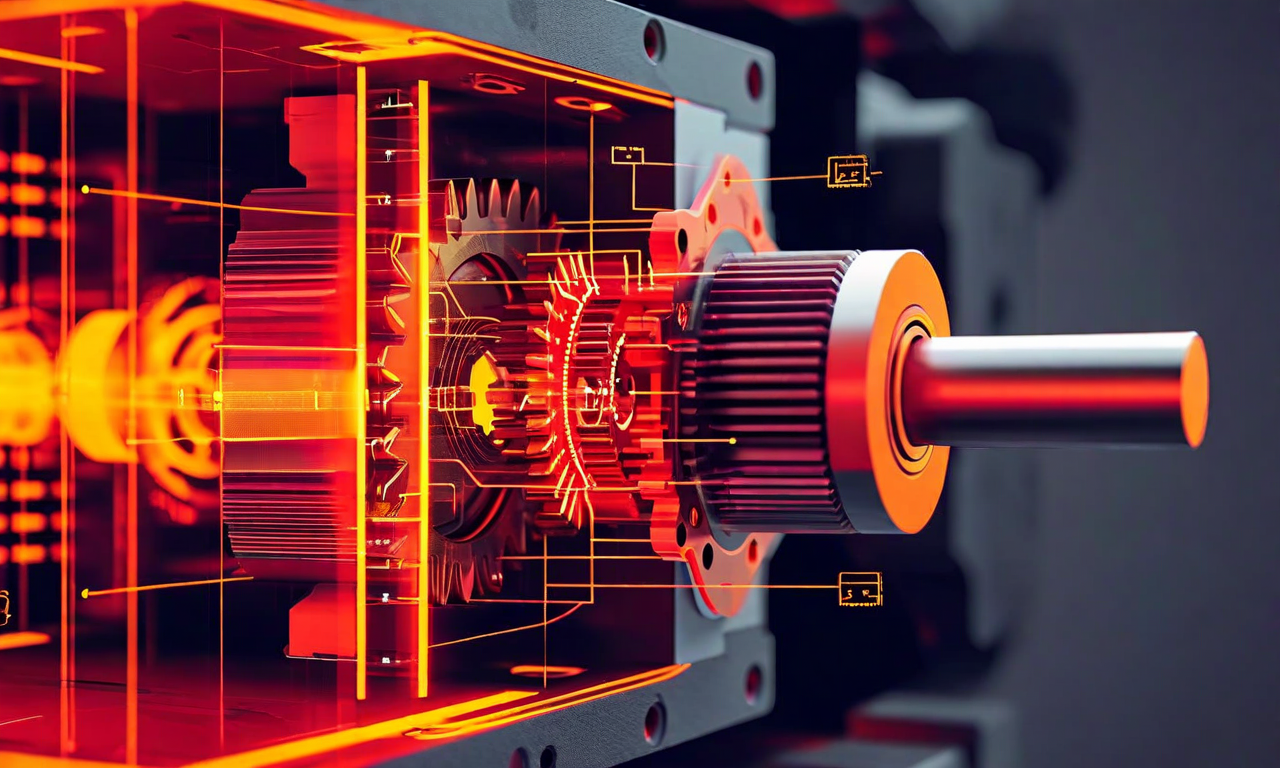 ステッパーモーターの断面図。赤とオレンジのグラデーションで熱分布を表現し、内部のギアバックラッシュ、センサドリフト、公差逸脱を視覚化。温度上昇に伴う機械的遊びの増加メカニズムを技術的に表現した図。