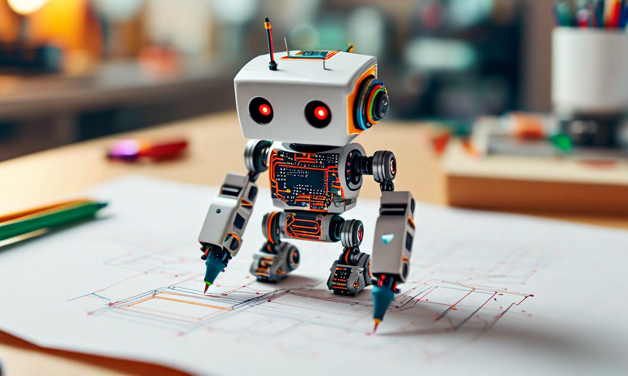 A small drawing robot with visible electronics creating geometric art patterns on paper, representing the intersection of robotics, generative art, and accessible hardware hacking