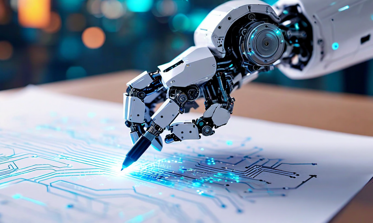 ロボットアームが白い紙に精密なペンで描画している様子。ロボットの内部には回路基板のパターンが光り、デジタルデータストリームが周囲を流れている。紙には幾何学的な創造的なデザインが描かれており、デジタルと物理世界の融合、創造的な自動化、ハードウェアハッキングの本質を表現している。