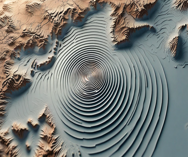 Seismological diagram showing concentric seismic waves radiating from an epicenter point on a topographic map, with a cross-section view illustrating earthquake depth beneath the surface in Nagano Prefecture, Japan