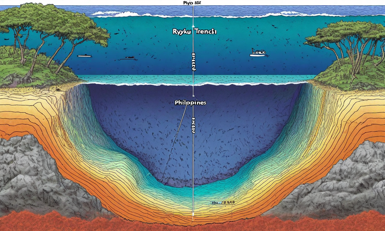 沖縄・西表島周辺の地形と海底地形を示す断面図。琉球海溝の深い溝、フィリピンプレートの沈み込み帯、沿岸の大陸棚が表示されている。海溝から30km離れた中間深度の震央位置が示され、震央から沿岸までの距離関係が視覚化されている。異なる地層を色分けで表現し、地質学的な深さの指標が含まれている。