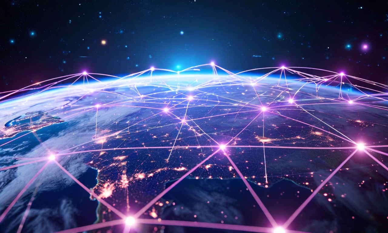 地上と宇宙を統合したハイブリッドコンピュート環境を表現した未来的なビジュアル。地球上のデータセンターと軌道上の衛星ネットワークが光るニューラルネットワークノードで接続され、エッジAIプロセッサが周辺に分散配置され、中央処理ハブがコア部分に位置している。青紫色と青緑色の光るデータストリームが地上と宇宙環境を流れ、次世代の分散AI基盤を象徴している。