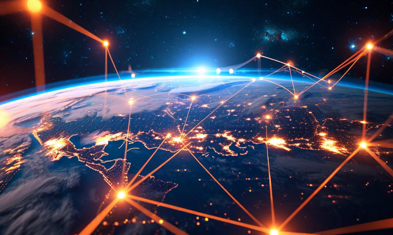 宇宙ベースAIコンピュート市場の競争環境を示す抽象的なビジュアライゼーション。地球を周回する複数の衛星企業(SpaceX、Blue Origin、その他の衛星通信企業)が軌道上のノードとして表現され、相互接続されたネットワークで結ばれている。規制障壁は発光するバリアとして、技術的課題は複雑な回路パターンとして描かれている。市場成熟度は段階的なデータストリームで示され、リスク評価は安定ゾーンから変動ゾーンへの色グラデーションで表現されている。深宇宙背景に対して、発光するデータパスウェイと戦略的に配置された市場プレイヤーが表示されている。