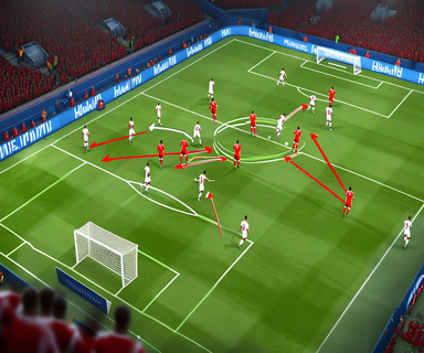 Aerial view of a soccer tactical analysis showing Norwegian players in red being marked by English defenders in white, with tactical arrows illustrating limited attacking options and midfield congestion on a football pitch