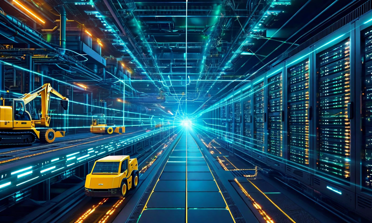 マーケットプレイスからインフラストラクチャへの進化を示す図。左側にはデジタルマーケットプレイスプラットフォームと複数の取引が描かれ、右側には相互接続されたシステムと建設機器管理ネットワークを備えた堅牢なインフラストラクチャが表現されている。中央には進化と変革を象徴する橋が位置し、全体を通じてデータフロー、ネットワーク接続、建設業界のデジタル化の加速が視覚化されている。