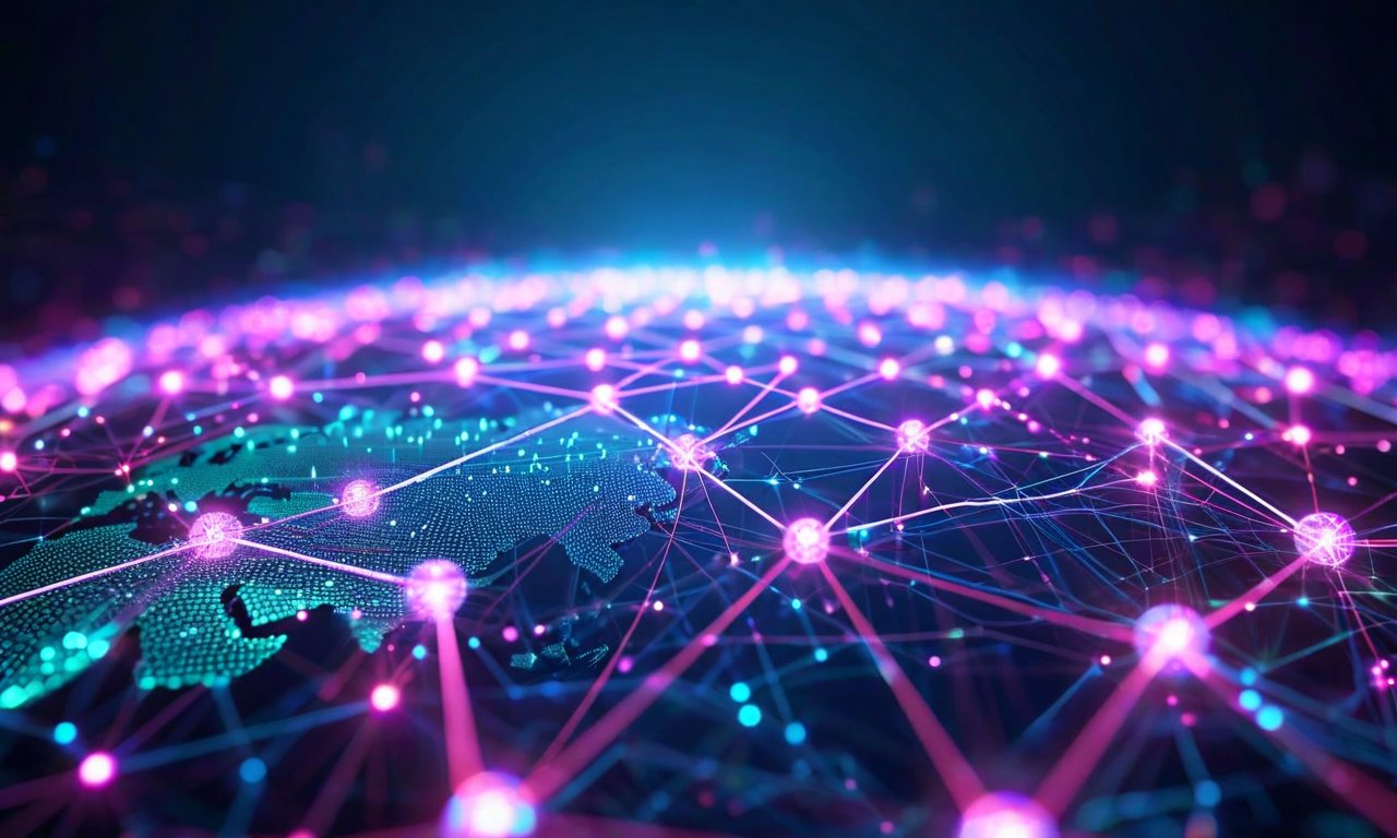 ヨーロッパ発祥のオープンソースプロジェクト（Linux、Kubernetes、PyTorch、TensorFlow）が中心となり、世界中の開発者コミュニティへ放射状に広がる様子を表現した抽象的なネットワーク図。青、緑、紫色の発光ノードが光の経路で相互に接続され、分散型イノベーションと協調的な技術開発の可能性を視覚化している。