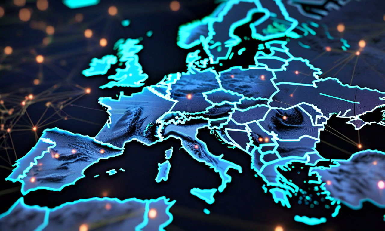 ヨーロッパの地図上に、米国の技術企業のシンボルで支配されたデジタルインフラが表現されている。クラウドプラットフォーム、AIシステム、データセンターを示す相互接続されたノードが、ヨーロッパから米国へと流れるデータフローで結ばれており、ヨーロッパの技術的依存関係と脆弱性を視覚的に示している。