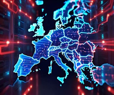 Conceptual illustration of Europe's digital infrastructure shown as a circuit board map with data connections flowing toward dominant American technology servers, visualizing technological dependency and strategic vulnerability