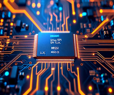 Close-up view of an embedded circuit board showing an SPI flash memory chip with highlighted signal traces and oscilloscope waveforms, illustrating the physical access vulnerability for credential extraction