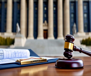 Federal Reserve building with columns in background, official approved banking documents and gavel on wooden desk in foreground, representing regulatory approval of bank holding company application