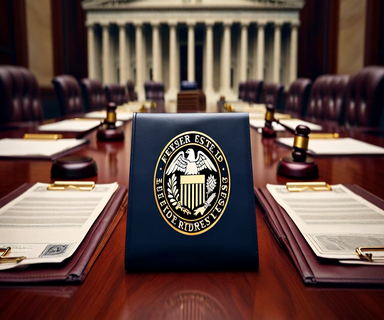 Overhead view of a formal boardroom setting with Federal Reserve seal, official documents, and gavel representing the bank holding company approval process