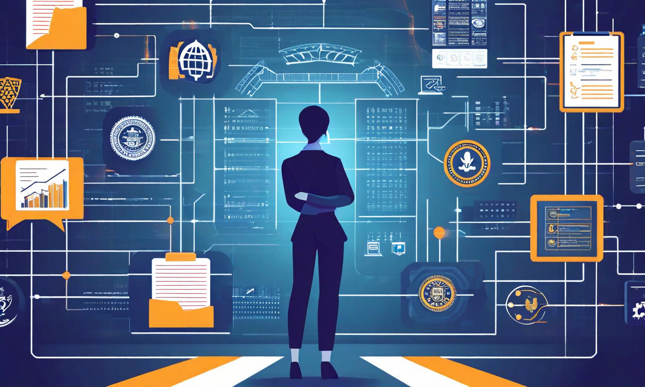 連邦準備制度による規制監視と個人責任を象徴するイメージ。規制文書と監視システムに囲まれた人物が描かれており、金融機関における規制遵守の厳格さと個人の責任追及を表現している。深い青とグレーの色調で、プロフェッショナルで権威的な雰囲気を醸し出している。