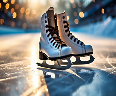 Two pairs of figure skates resting on ice with dramatic lighting, symbolizing the retirement of Olympic pairs figure skating champions RikuRyu