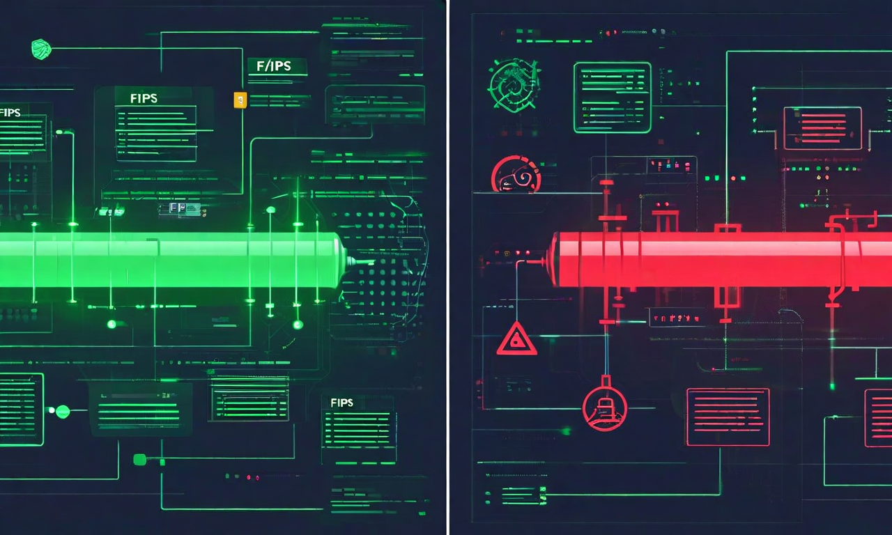 CI/CDパイプラインの検証ギャップを表現した対比図。左側は非FIPS環境でのテスト成功を緑色のチェックマークで表示し、右側はFIPS環境での実行時失敗を赤色のエラーマークで表示している。中央の分割線がテスト環境と本番環境の乖離を強調している。