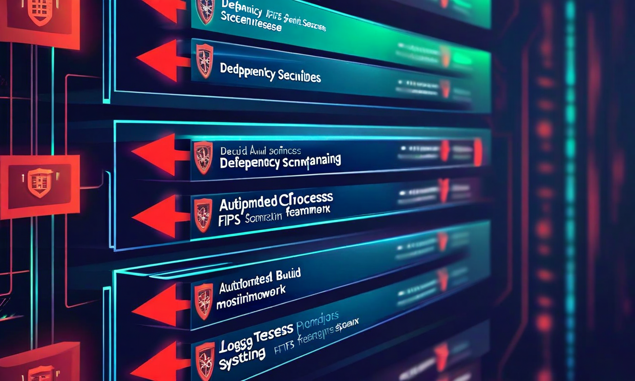 多層防御セキュリティアーキテクチャの図解。4つの防御レイヤーが階層的に積み重ねられており、下から順に依存関係監査、FIPS対応ビルド、テスト自動化、監視・ロギングを表現。左側から接近する赤い脅威矢印が各レイヤーで段階的に軽減・ブロックされる概念を視覚化。青と緑のテクノロジーカラーで表現。