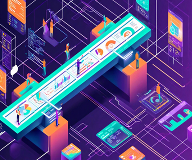 Isometric illustration of a bridge connecting creative design elements and technical engineering components, symbolizing the role of a design engineer in game development, with collaborative figures at the intersection point
