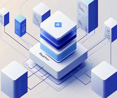 Illustration of Flutter's modular architecture showing a central framework core with independently floating UI component blocks representing Material and Cupertino design systems, connected by lines to demonstrate decoupled versioning