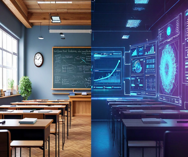 Split-screen image contrasting a traditional classroom with desks and chalkboard on the left against a modern digital workspace with AI interfaces and data visualizations on the right, representing the gap between educational curricula and contemporary workforce requirements