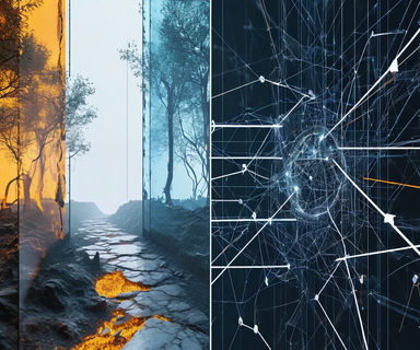 A technical illustration showing a split composition contrasting a fragile barrier on one side with a complex multi-layered network of autonomous AI agents and decision pathways on the other, representing the gap between prompt-level guardrails and actual system execution