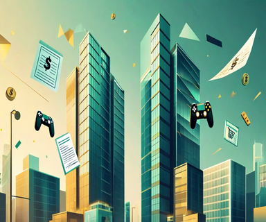 Illustration showing two corporate buildings of vastly different sizes, with the smaller building reaching toward the larger one, connected by floating financial symbols, representing an asymmetric acquisition attempt