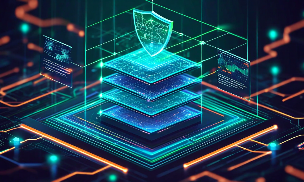 拡散型LLMのセキュリティ防御戦略を示す多層防御アーキテクチャの図。入力検証、デノイジング過程での異常検知、出力フィルタリング、敵対的トレーニングの4つの防御層が、データフローを通じて段階的に配置されている。各層は防御メカニズムを表現する視覚的要素で表現されている。