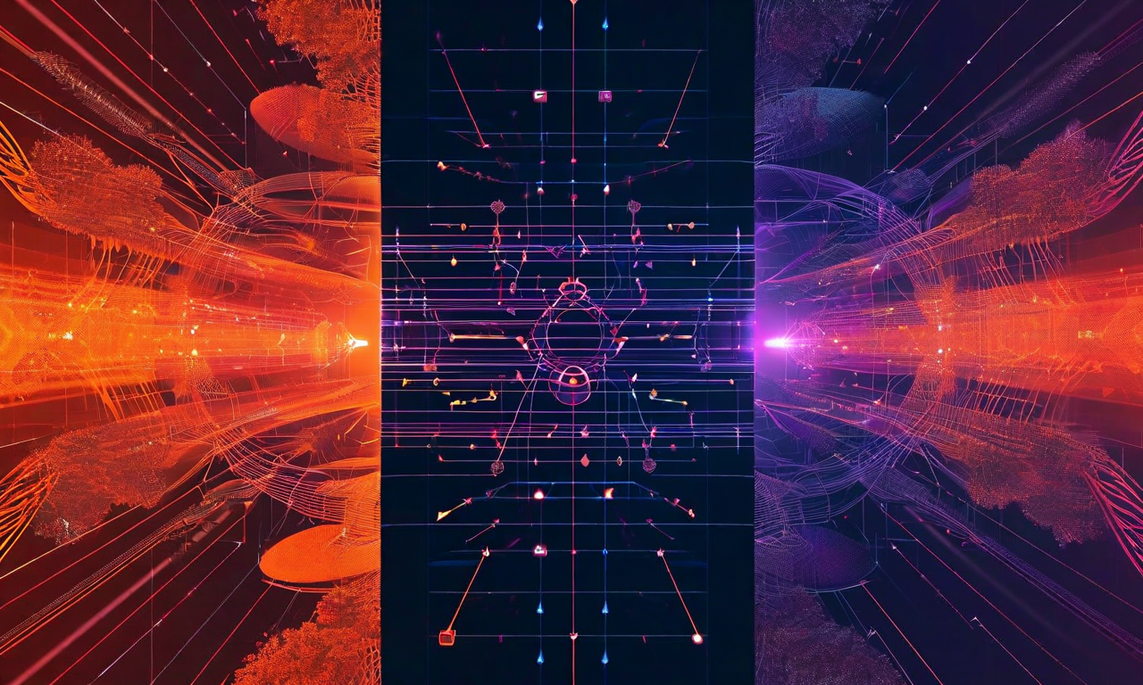 GCG攻撃メカニズムの技術的可視化。左側は自動回帰型モデルの順序的トークン生成を赤とオレンジのグラデーションで表現。右側は拡散型モデルの反復的ノイズ除去プロセスを同心円で表現。中央には敵対的トークンシーケンスが幾何学的な形状として表示され、勾配ベクトルと貪欲な座標交換のプロセスを通じて脆弱性ポイントへ最適化されていく様子を示している。