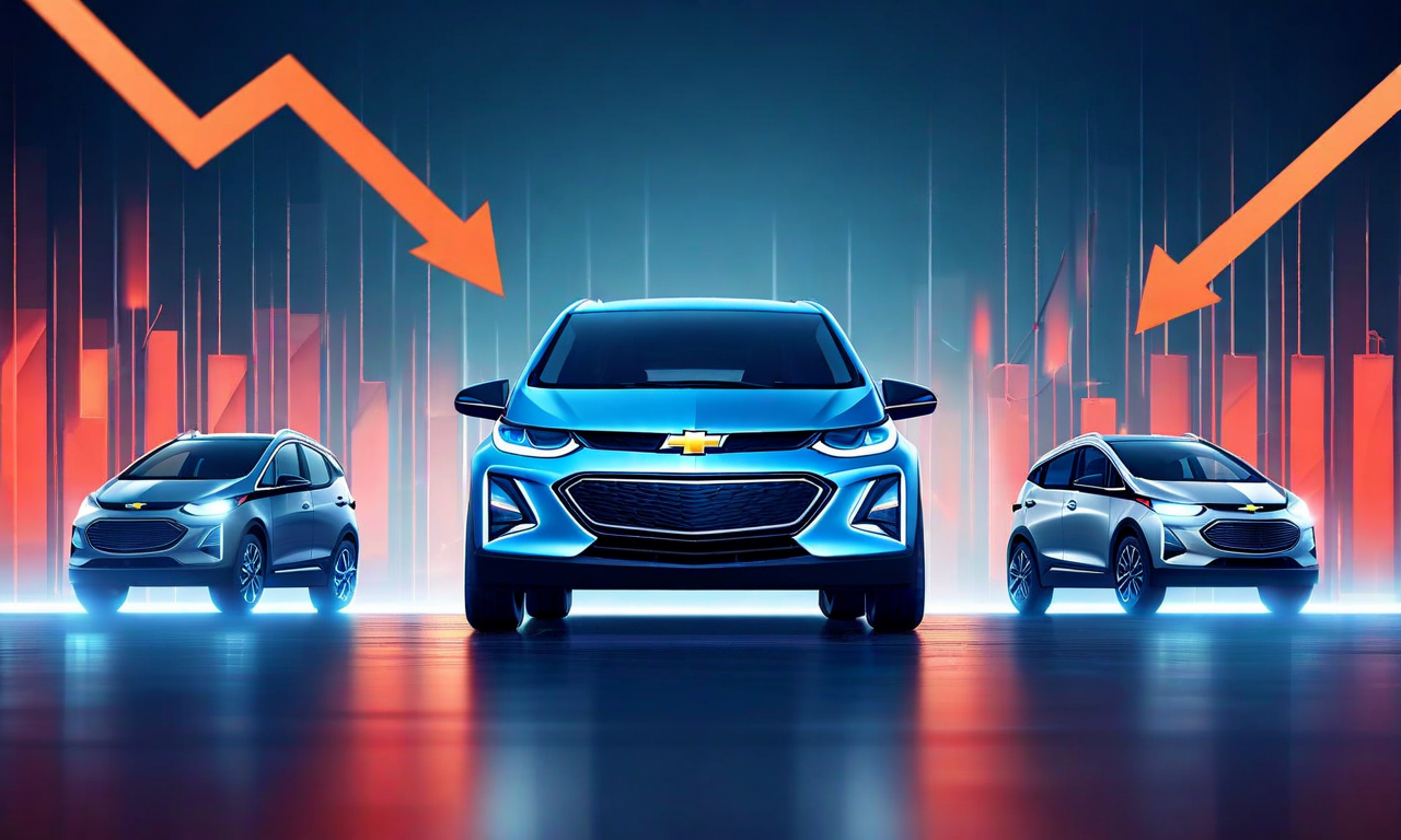 EV税控除廃止による市場戦略調整を表現したビジネスイラスト。左側にシボレー・ボルトEVと下降トレンド矢印、右側に従来型ビュイック車と上昇トレンド矢印、中央に消費者需要の変化を示すグラフが配置されている。市場競争力の低下と戦略転換を視覚化している。