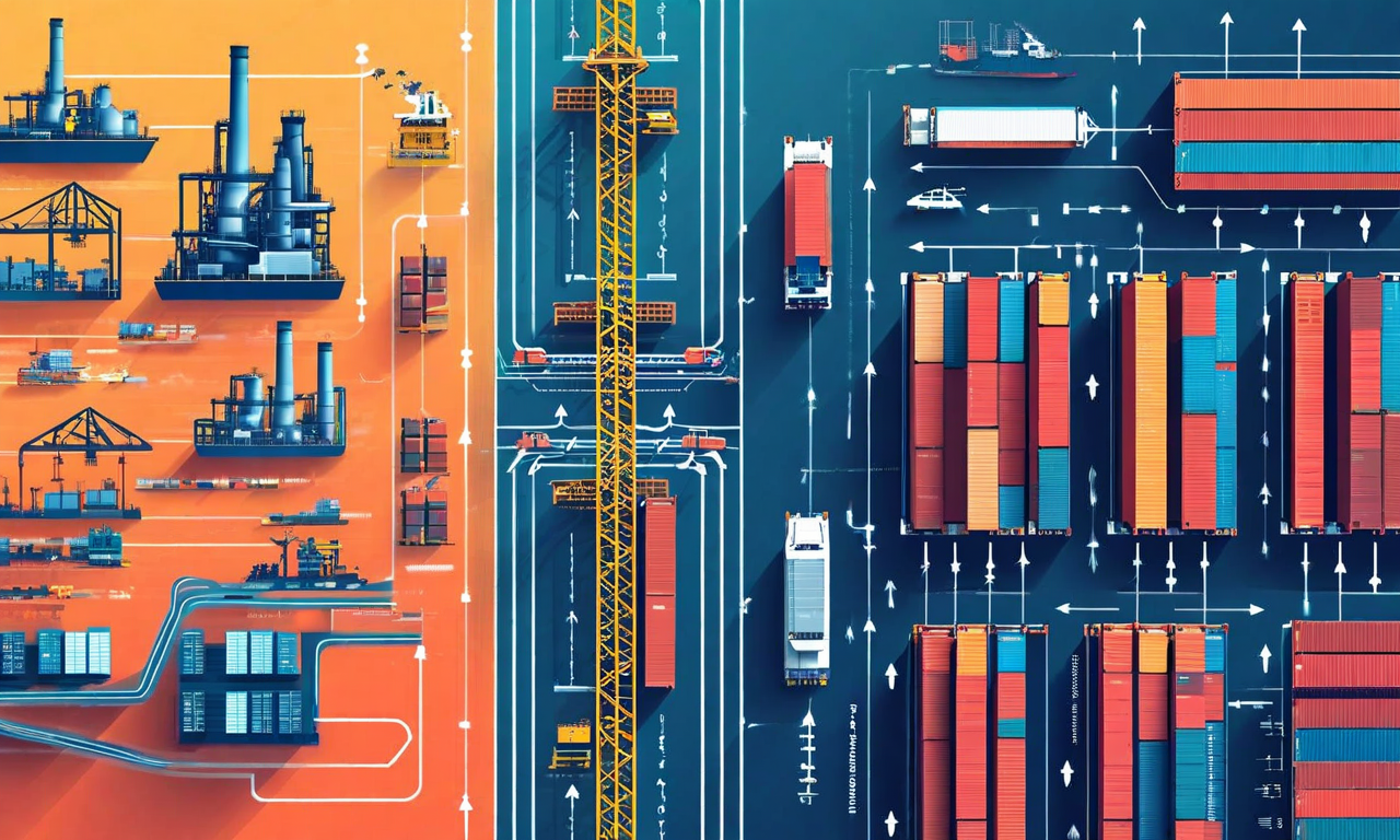 関税政策による生産地域シフトを表現したビジネスイラスト。左側は中国の製造施設から米国市場への従来のグローバルサプライチェーンを示し、右側は米国国内の製造施設と短縮されたサプライチェーンを表示。工場、コンテナ船、貿易障壁、コスト比較チャート、経済シフトを示す矢印が含まれている。