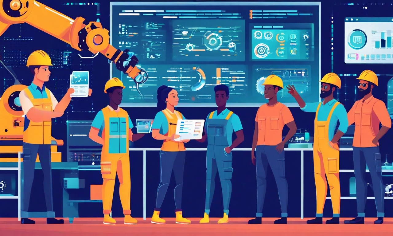 既存の自動車労働者が新しいプラットフォーム技術に対応するための再訓練プログラムに参加している様子を示すイラスト。技術認定トレーニング、デジタル学習、実践的なスキル開発、メンターシップ、および技能認定プロセスの要素が含まれている。