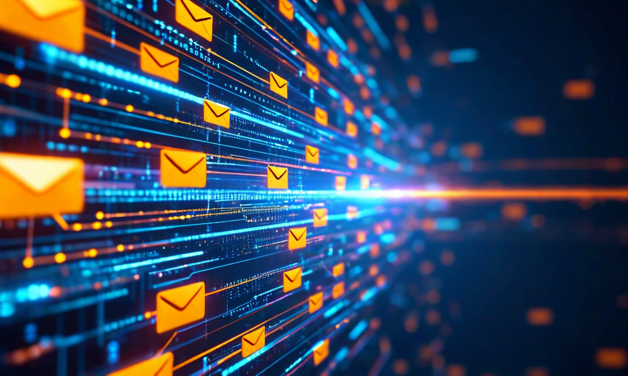 Gmailのスパムフィルタリングシステムの複雑性を表現した抽象的なデジタルビジュアライゼーション。受信トレイと迷惑メールフォルダの間で揺れ動く重要なメール、複数のレイヤーで処理されるメッセージフロー、機械学習アルゴリズムによる分類の不確実性を視覚化。青とアンバーの色で正当なメールとフィルタリングされたメールを区別し、動的な処理フローを表現。